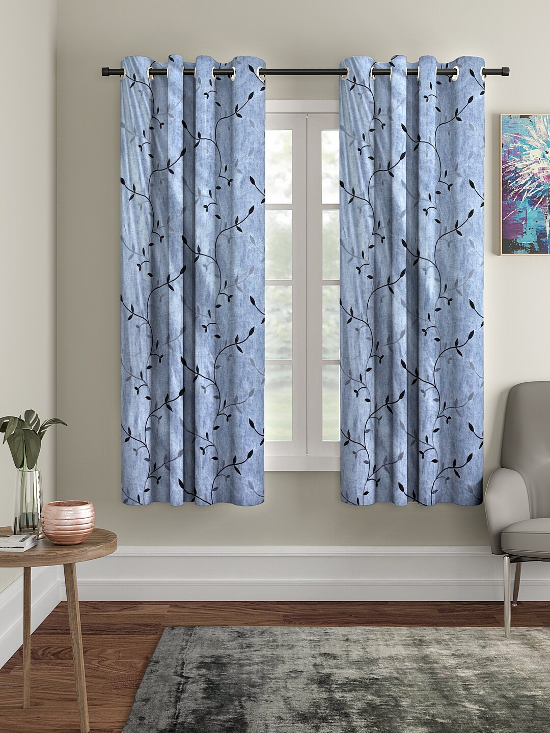 

Cortina Set of 2 Blue & Black Floral Printed Long Door Curtains