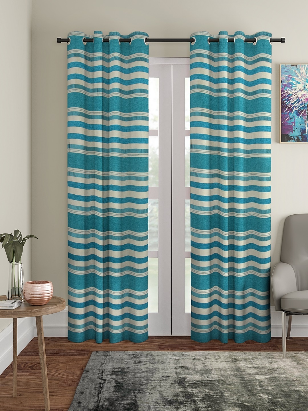 

Cortina Set Of 2 Blue & Grey Striped Door Curtains