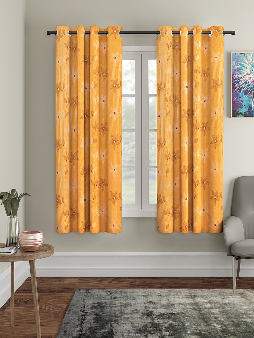 

Cortina Mustard Yellow Set of 2 Floral Embroidered Window Curtains