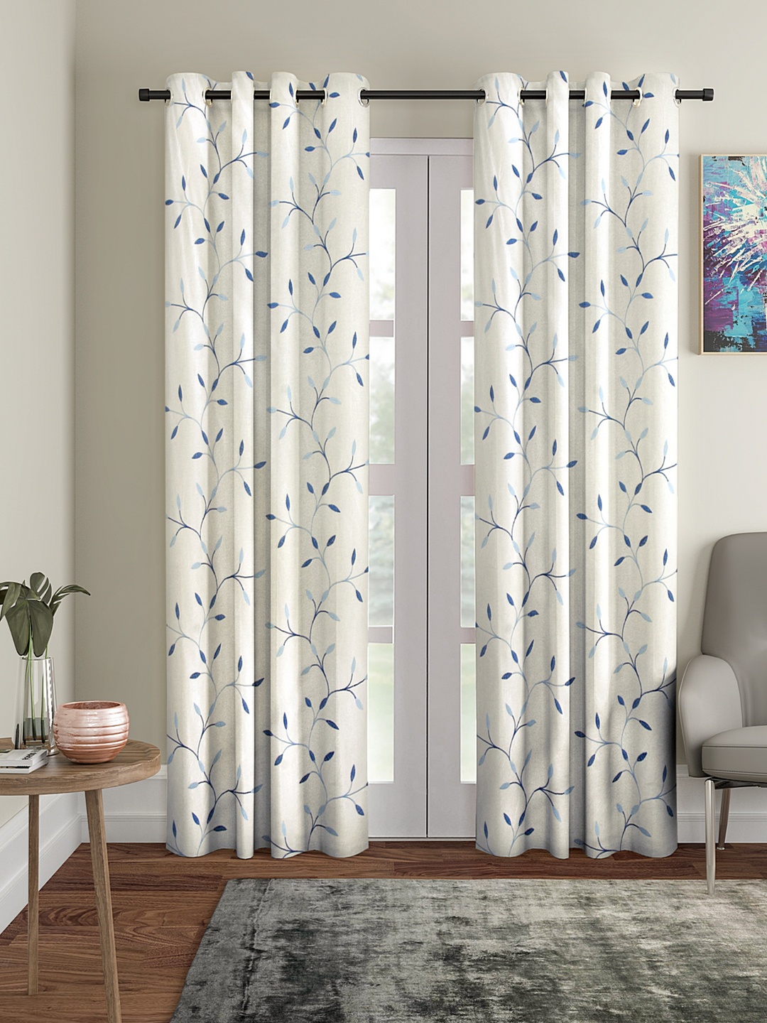 

Cortina Beige & Blue Set of 2 Floral Embroidered Long Door Curtains