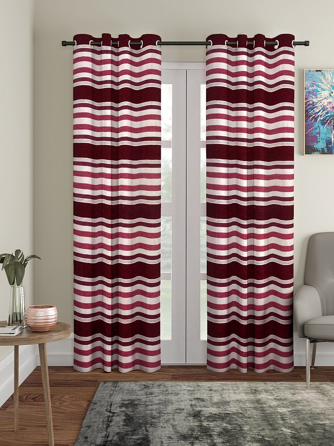 

Cortina Set Of 2 Burgundy & Grey Striped Door Curtains