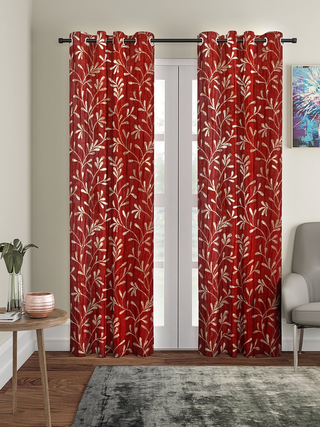 

Cortina Set of 2 Red Floral Long-Door Curtains