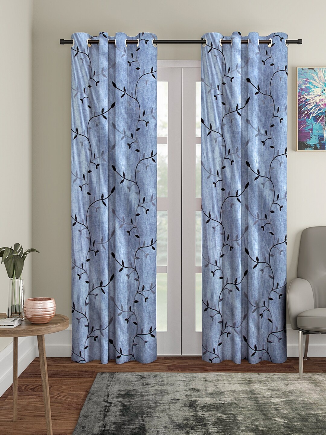 

Cortina Blue & Beige Set of 2 Floral Embroidered Door Curtains