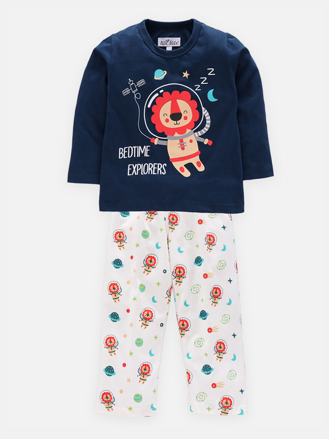 

Nite Flite Kids Navy Blue And White Printed Night Suit