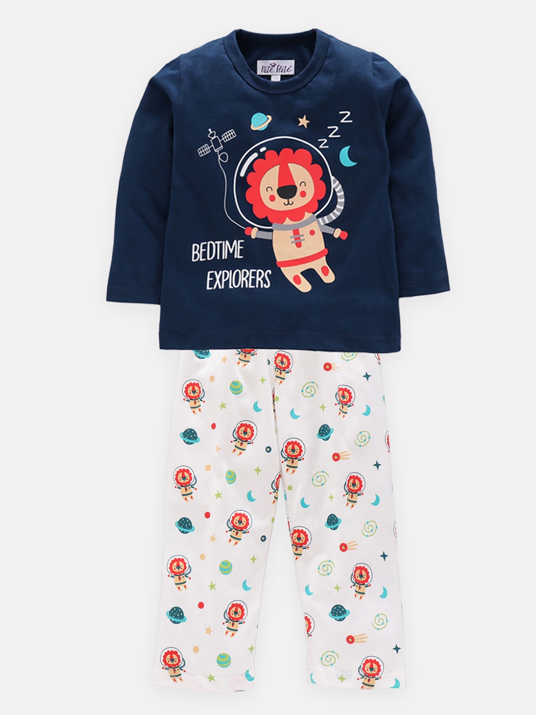 

Nite Flite Kids Navy Blue & White Printed Night Suit