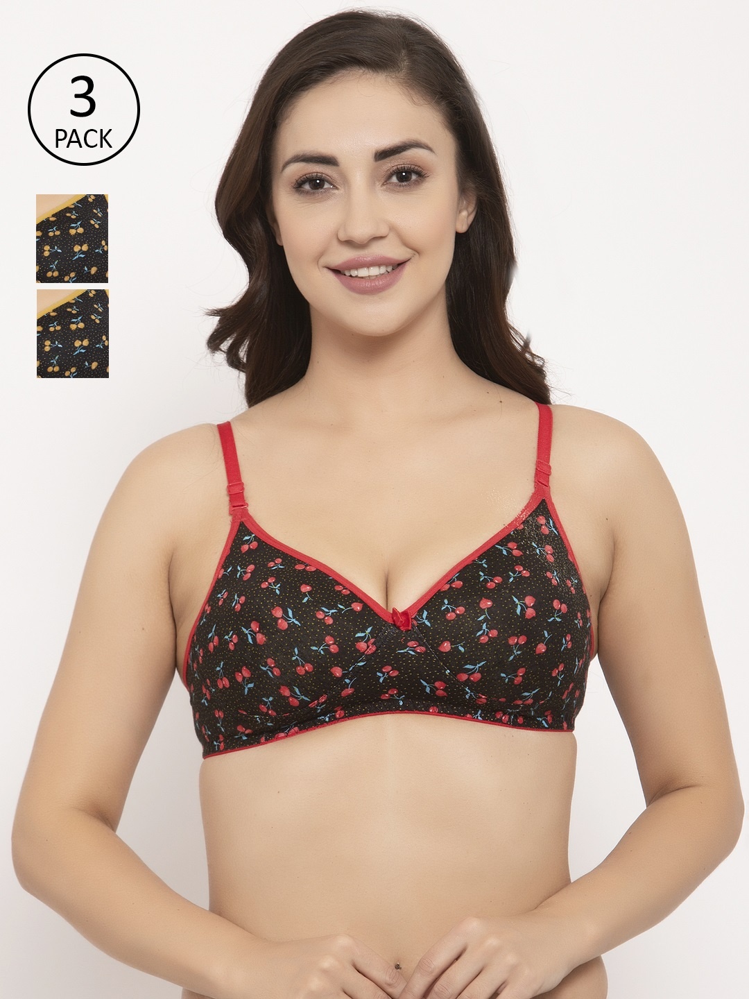 

GRACIT Women Set of 3 Black Floral Push-Up Bra PW1-03-06-06-28B, Red