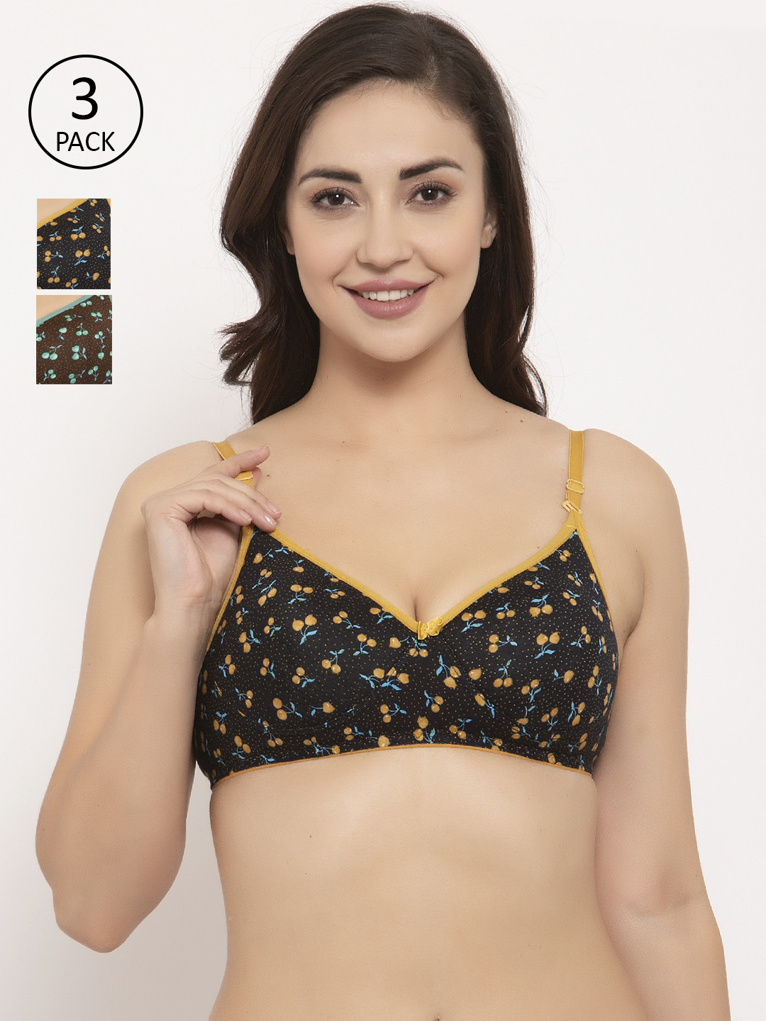 

GRACIT Women Pack of 3 Floral Printed Non-Wired Lightly Padded Push-Up Bra PW1-06-06-13-28B, Yellow