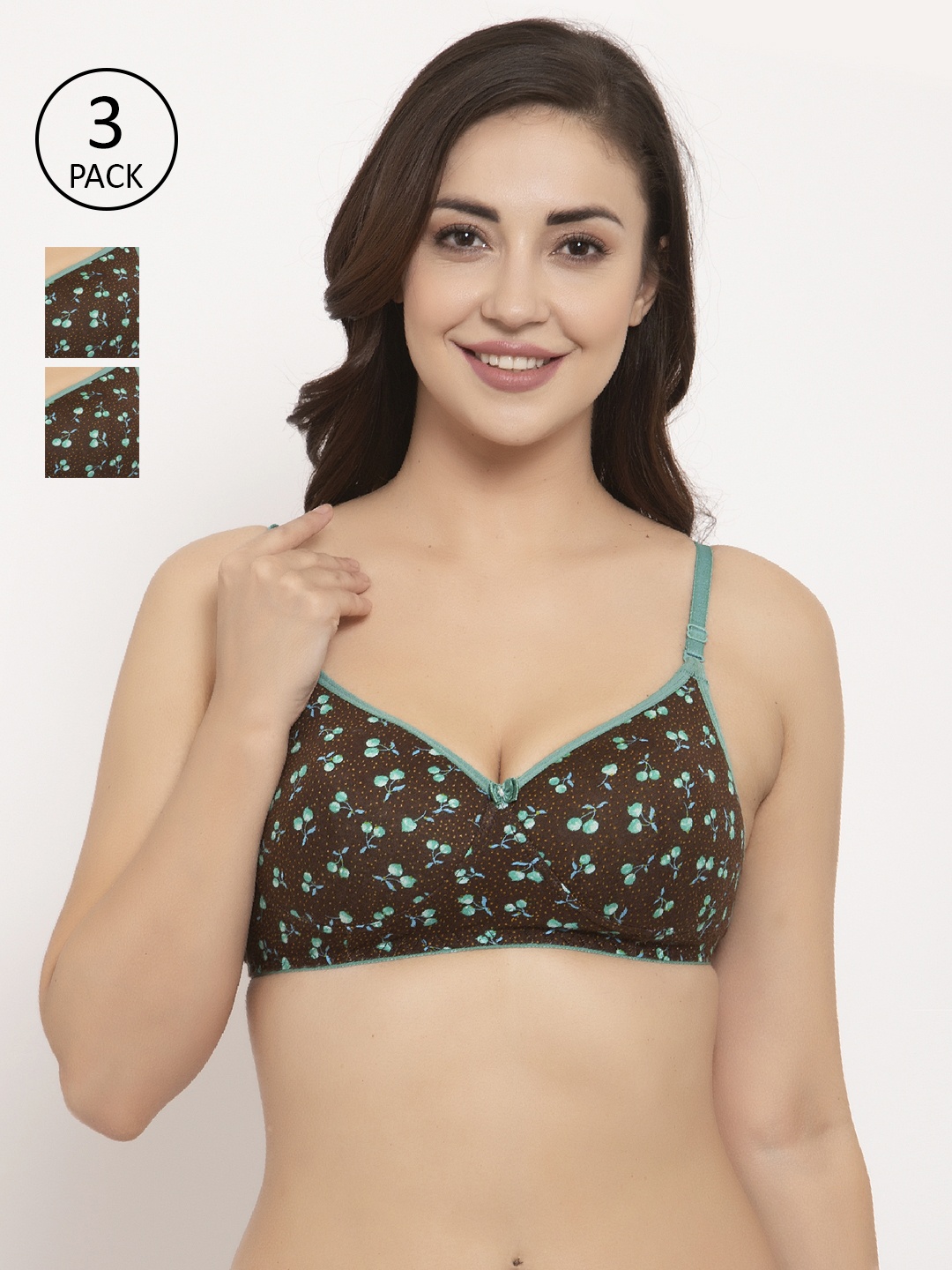 

GRACIT Women Olive Green & Blue Set of 3 Floral Printed Lightly Padded Everyday Bras PW1-13-13-13-28B