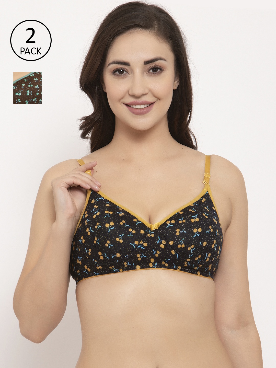 

GRACIT Women Black & Yellow Pack of 2 Floral Printed Lightly Padded Everyday Bras PW1-06-13-28B
