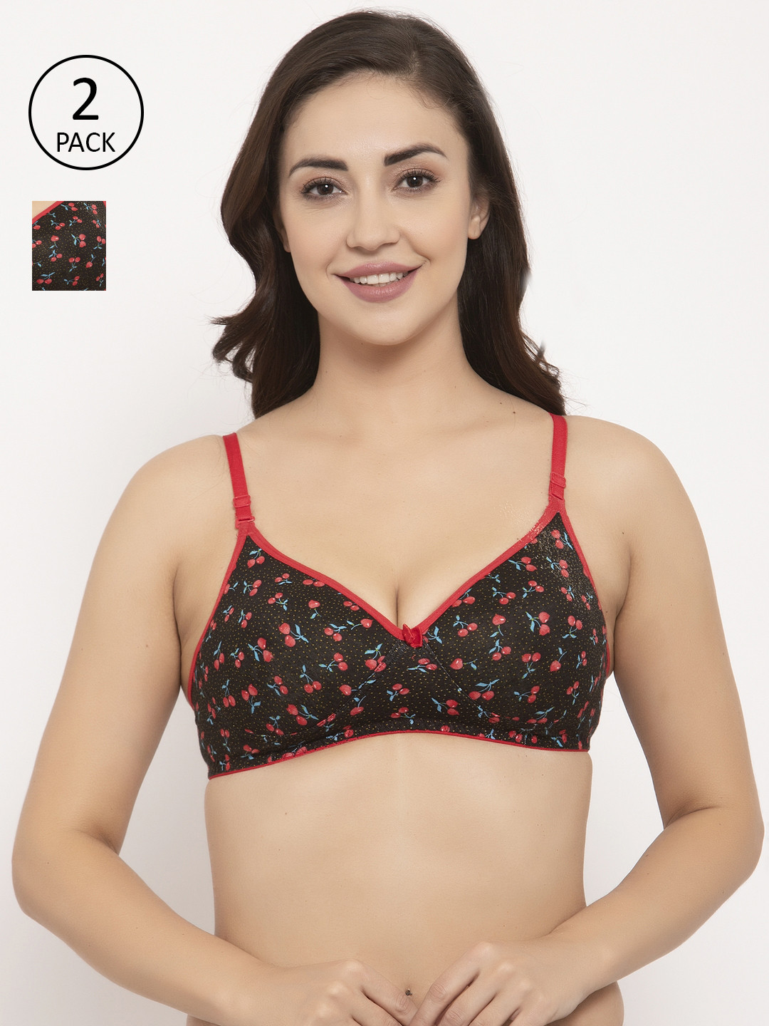 

GRACIT Pack Of 2 Black & Red Floral Printed Non-Wired Lightly Padded Push-Up Bra PW1-03-03