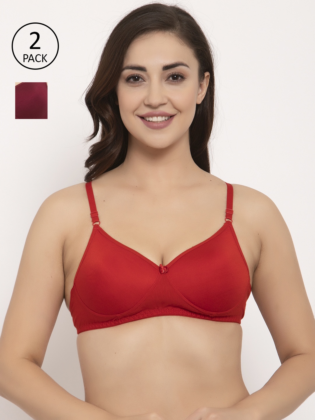 

GRACIT Pack Of 2 Solid Non-Wired Lightly Padded Push-Up Bra PW5-03-14, Red