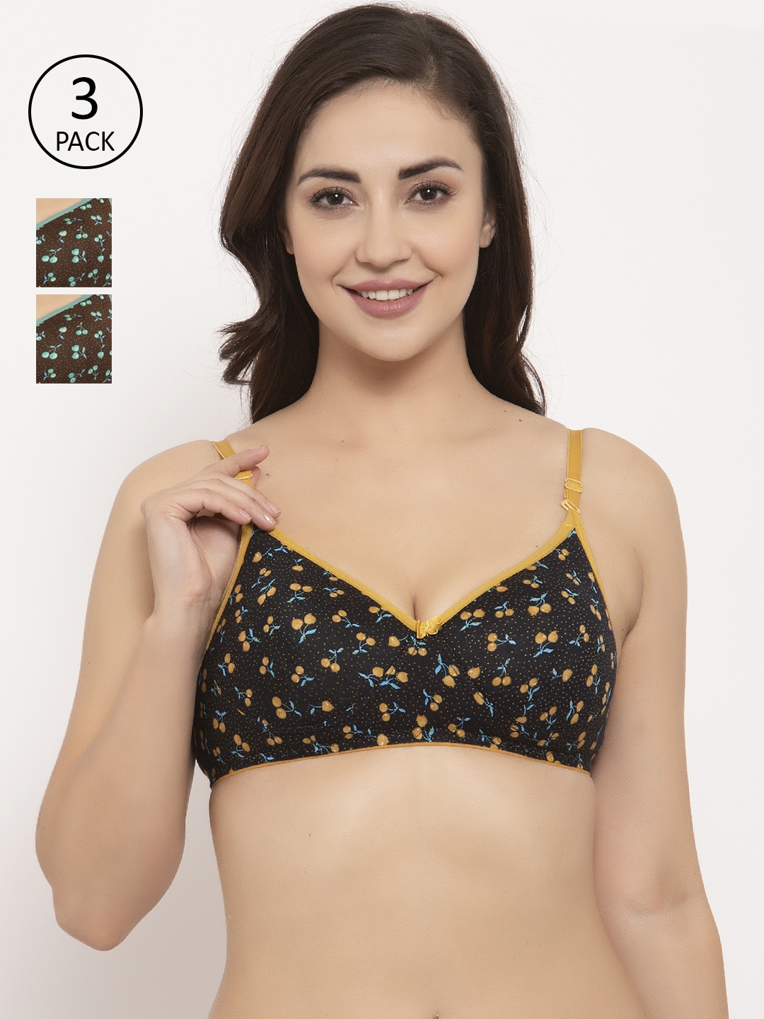 

GRACIT Pack of 3 Printed Non-Wired Lightly Padded Push-Up Bra PW1-06-13, Brown