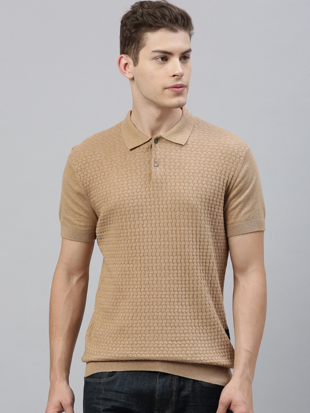 

RARE RABBIT Men Beige Self Design Polo Collar T-shirt