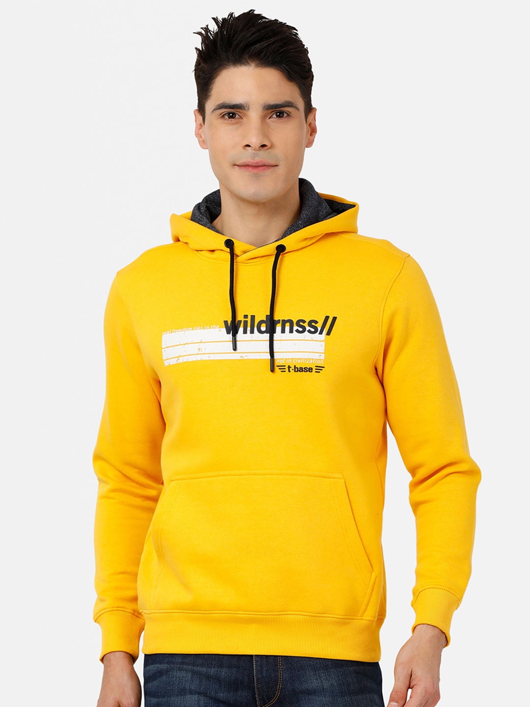 

t-base Men Yellow Printed Hooded Sweatshirt