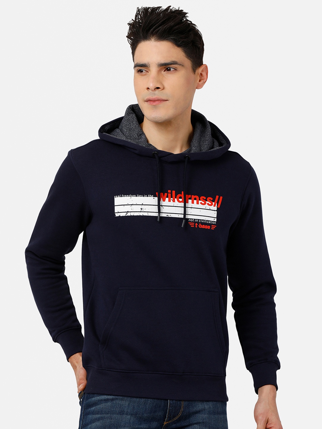 

t-base Men Navy Blue Printed Hooded Sweatshirt