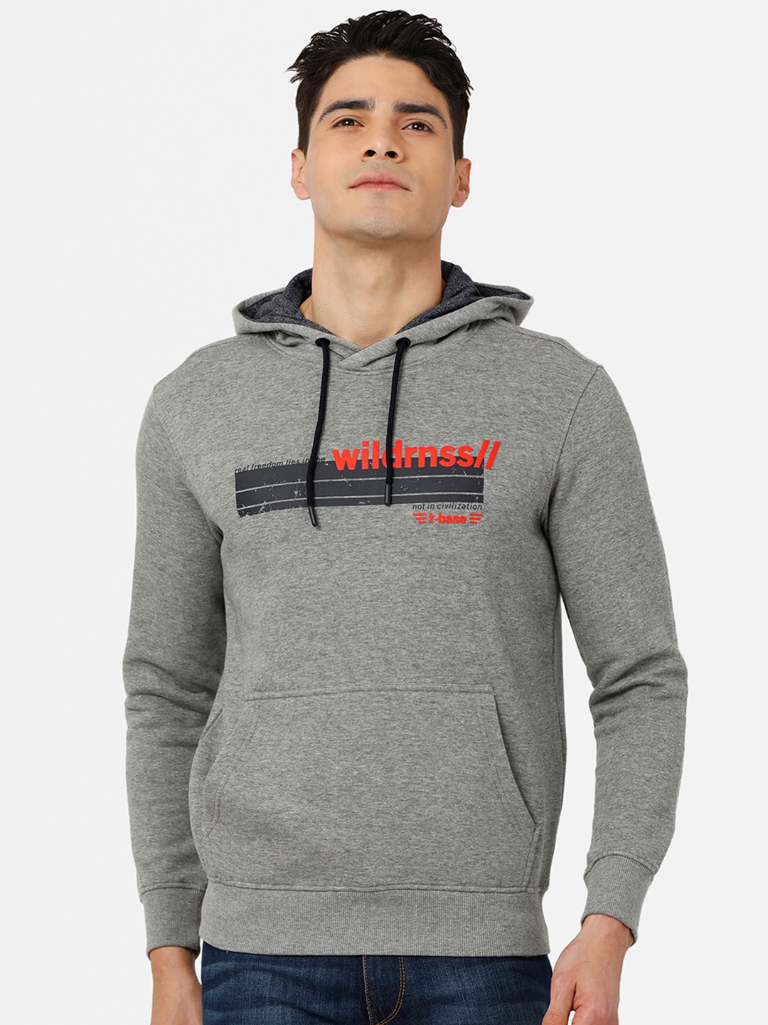 

t-base Men Grey Printed Hooded Sweatshirt