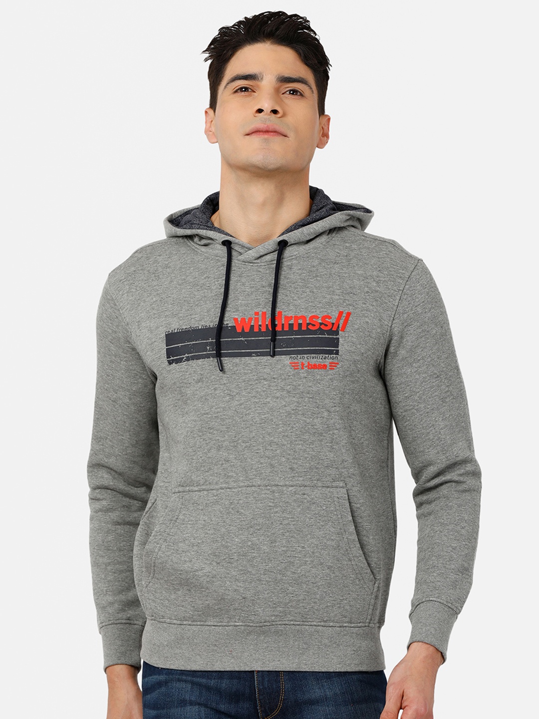 

t-base Men Grey Printed Hooded Sweatshirt