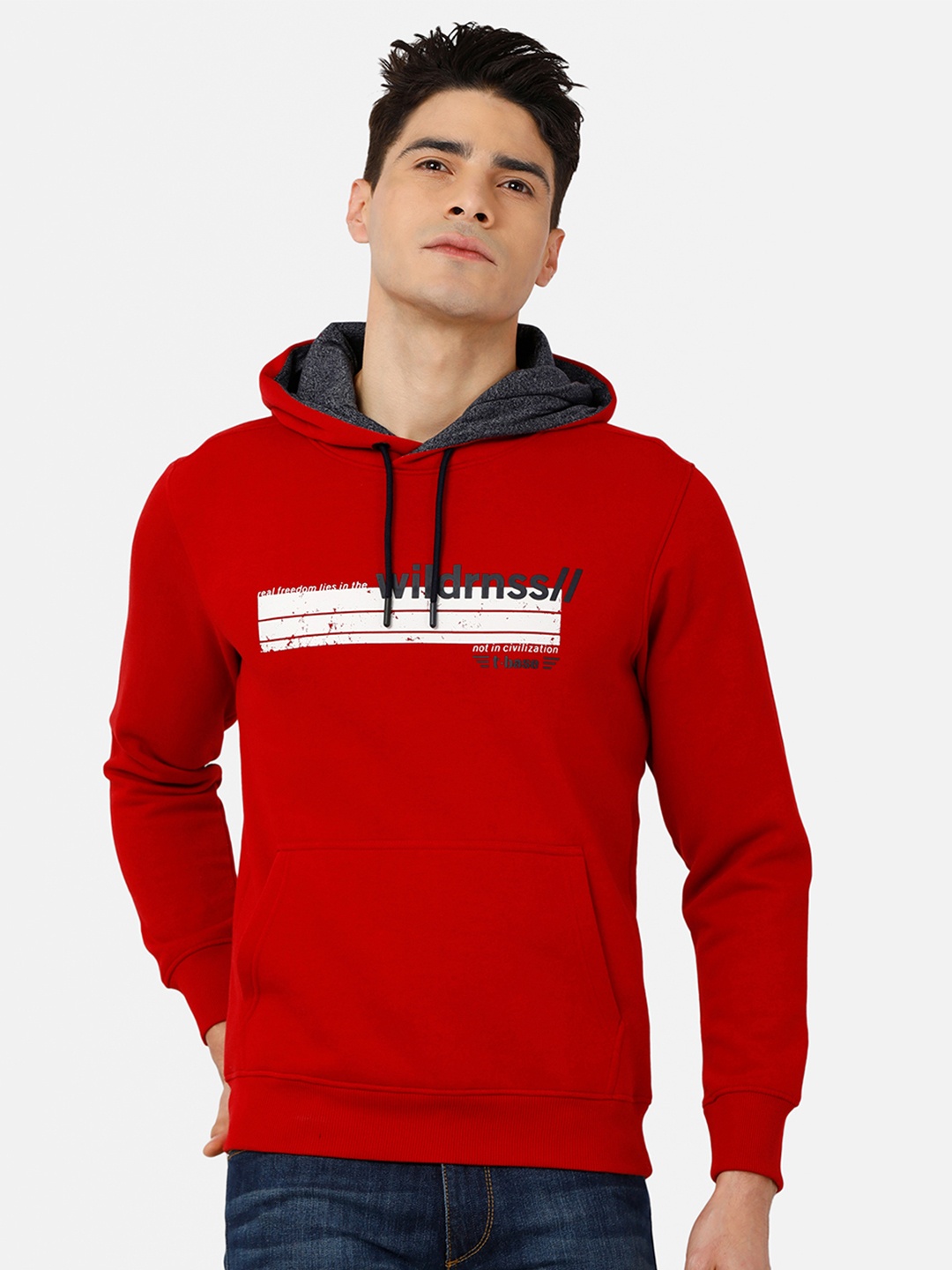 

t-base Men Red Printed Hooded Sweatshirt