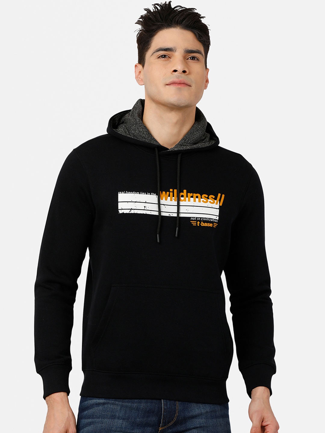 

t-base Men Black Printed Hooded Sweatshirt