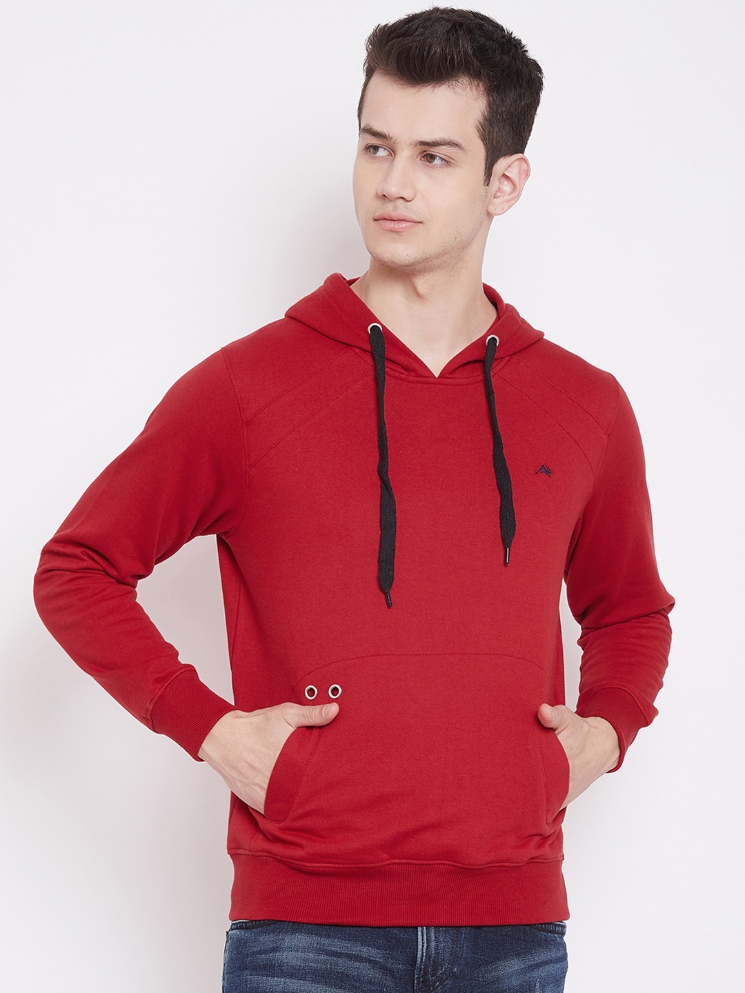 

Adobe Men Red Solid Hooded Sweatshirt
