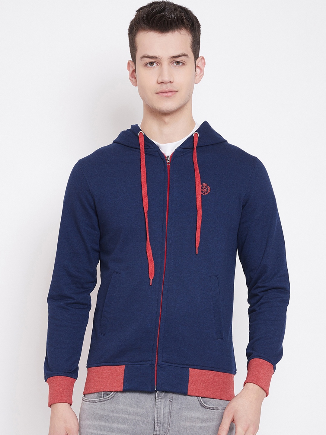 

Adobe Men Navy Blue & Red Solid Hooded Sweatshirt