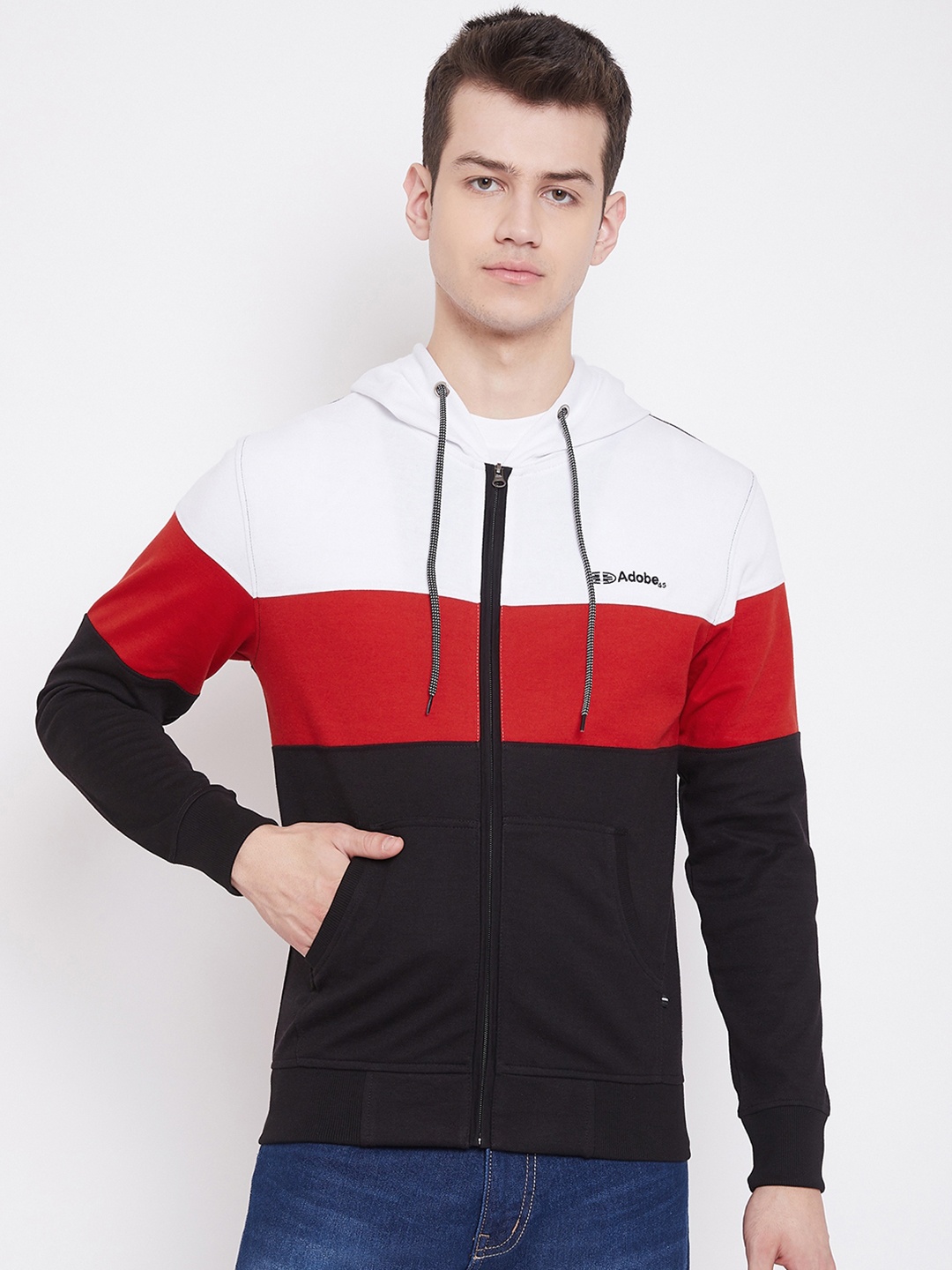 

Adobe Men Black & Red Colourblocked Hooded Sweatshirt