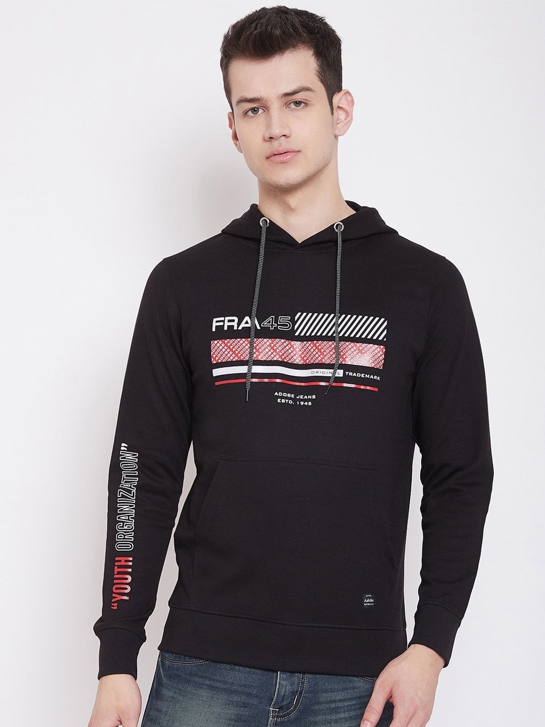 

Adobe Men Black Printed Hooded Sweatshirt