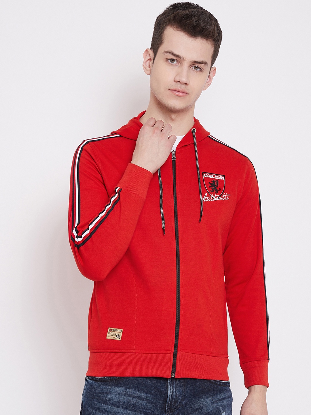 

Adobe Men Red Solid Hooded Sweatshirt