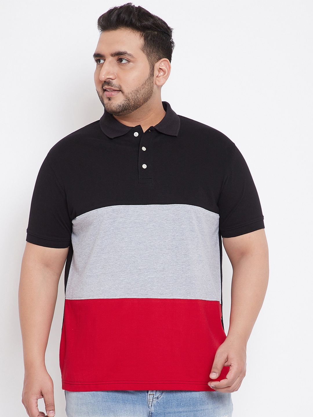 

bigbanana Men Plus Size Red Colourblocked Polo Collar T-shirt