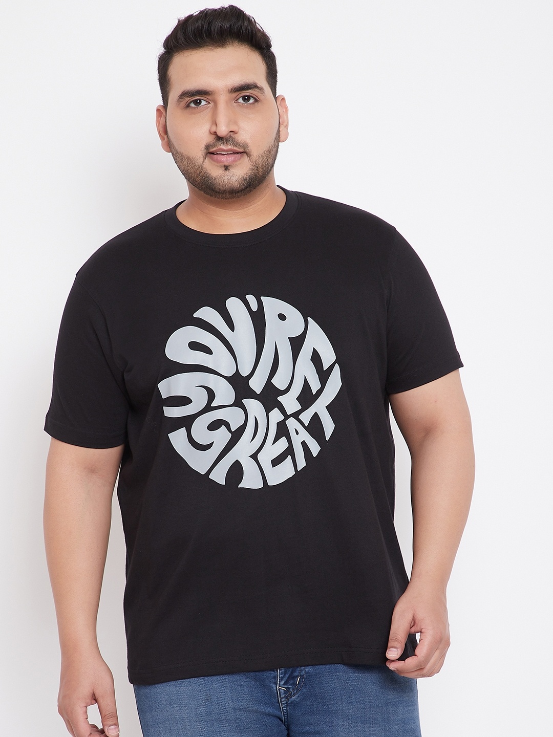 

bigbanana Men Plus Size Black Printed Round Neck Pure Cotton T-shirt