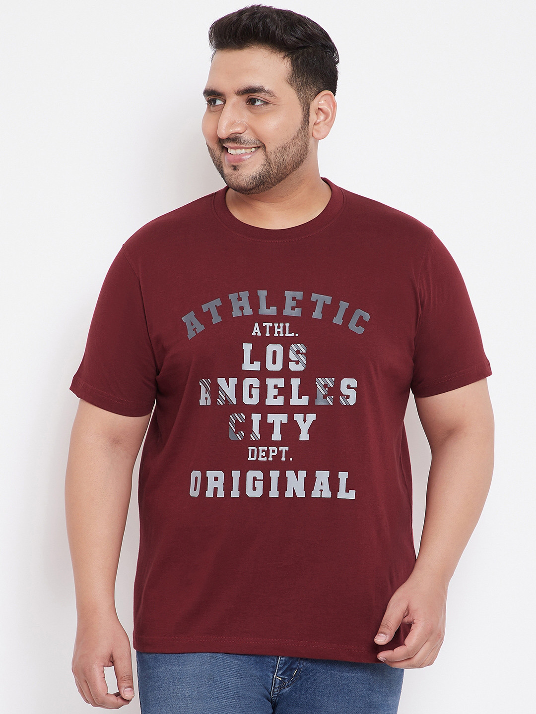 

bigbanana Men Plus Size Maroon Printed Round Neck Pure Cotton T-shirt