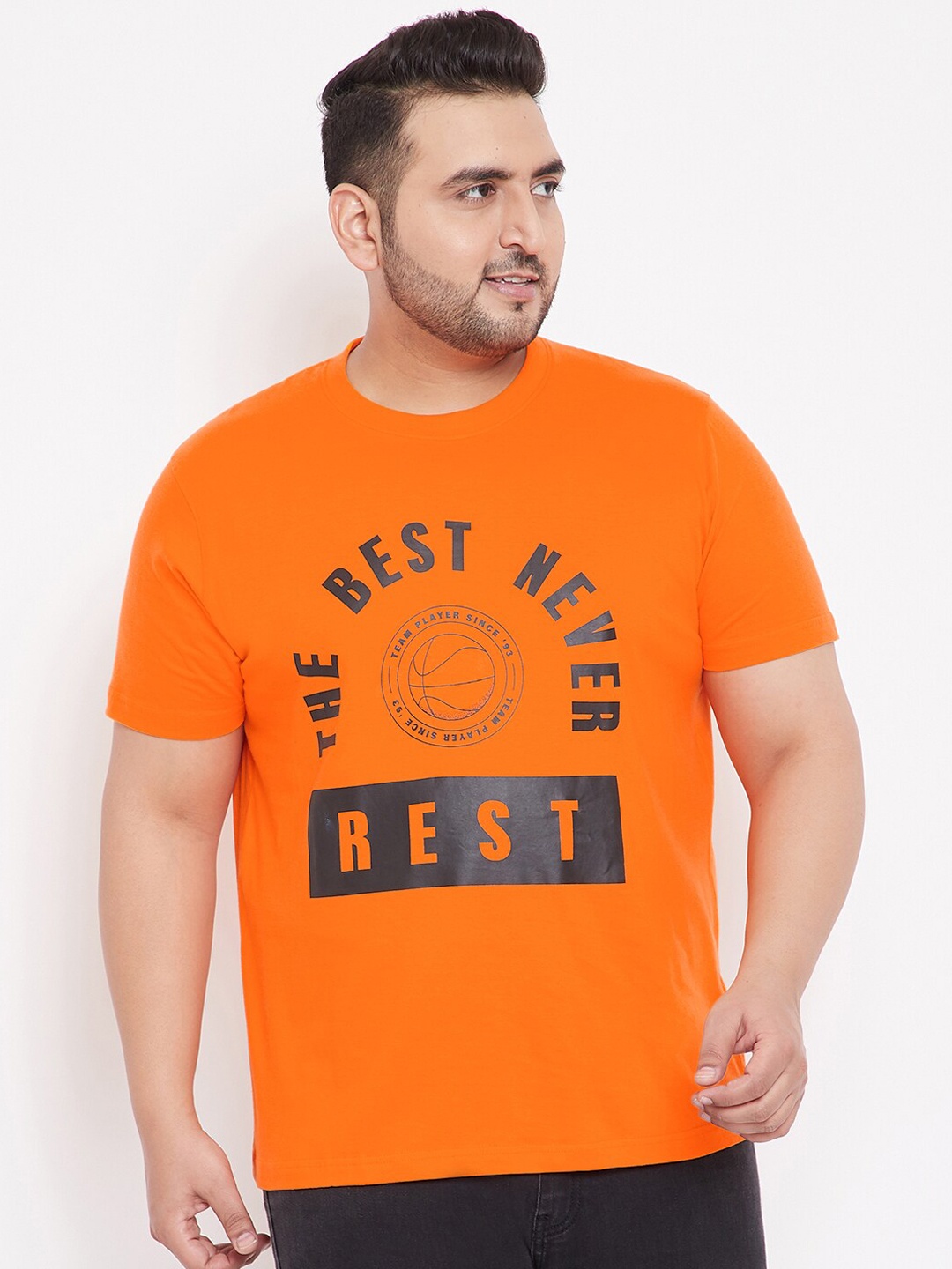 

bigbananaMen Plus Size Orange Printed Round Neck Pure Cotton T-shirt