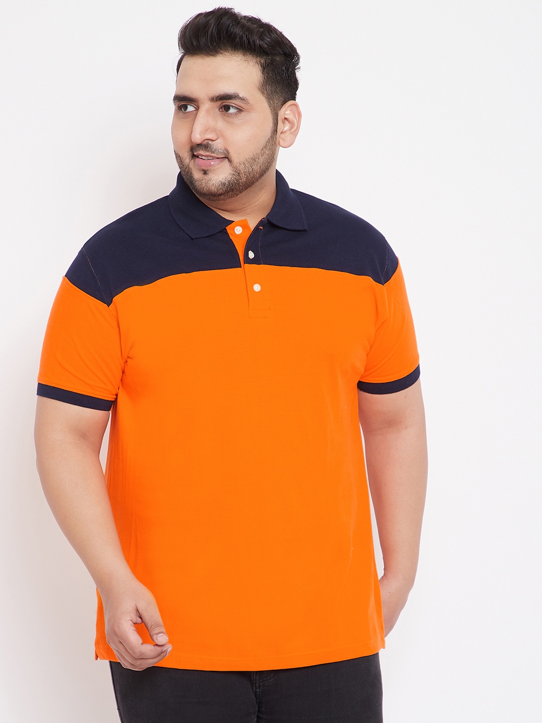 

bigbanana Men Orange Navy Blue Colourblocked Polo Collar Pure Cotton T-shirt
