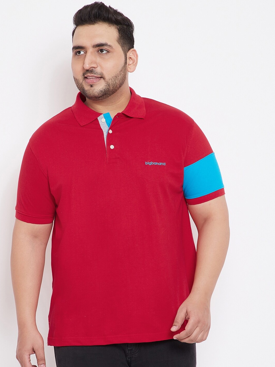 

bigbanana Men Plus Size Red Colourblocked Polo Collar Pure Cotton T-shirt