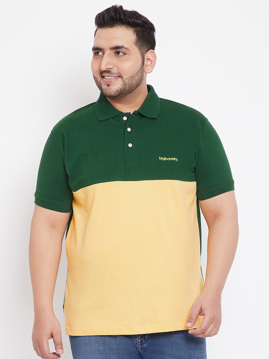 

bigbanana Men Green Colourblocked Polo Collar Pure Cotton T-shirt