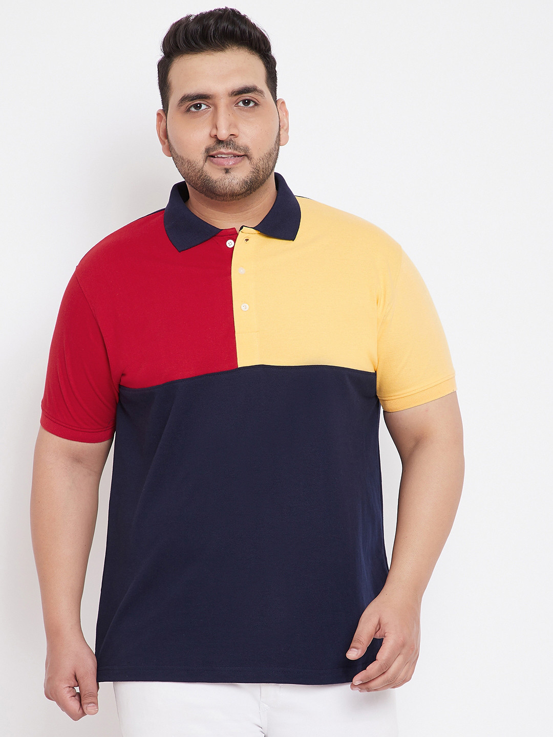 

bigbanana Men Plus Size Navy Blue Red Colourblocked Polo Collar Pure Cotton T-shirt