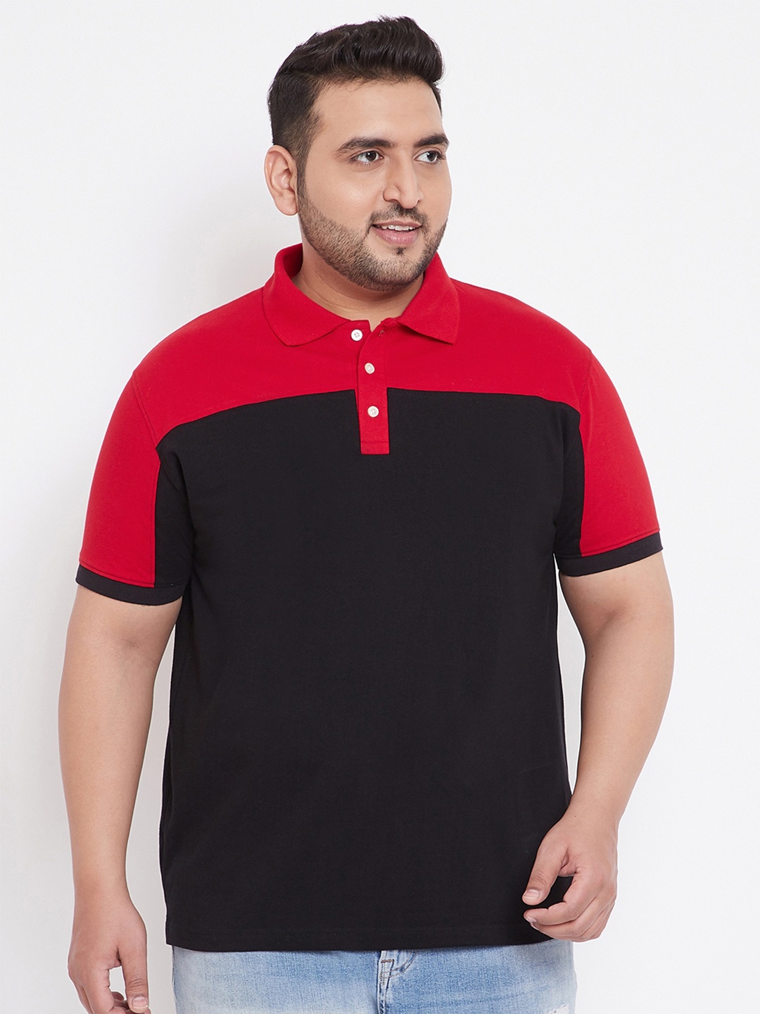 

bigbanana Men Plus Size Black Red Colourblocked Polo Collar Pure Cotton T-shirt