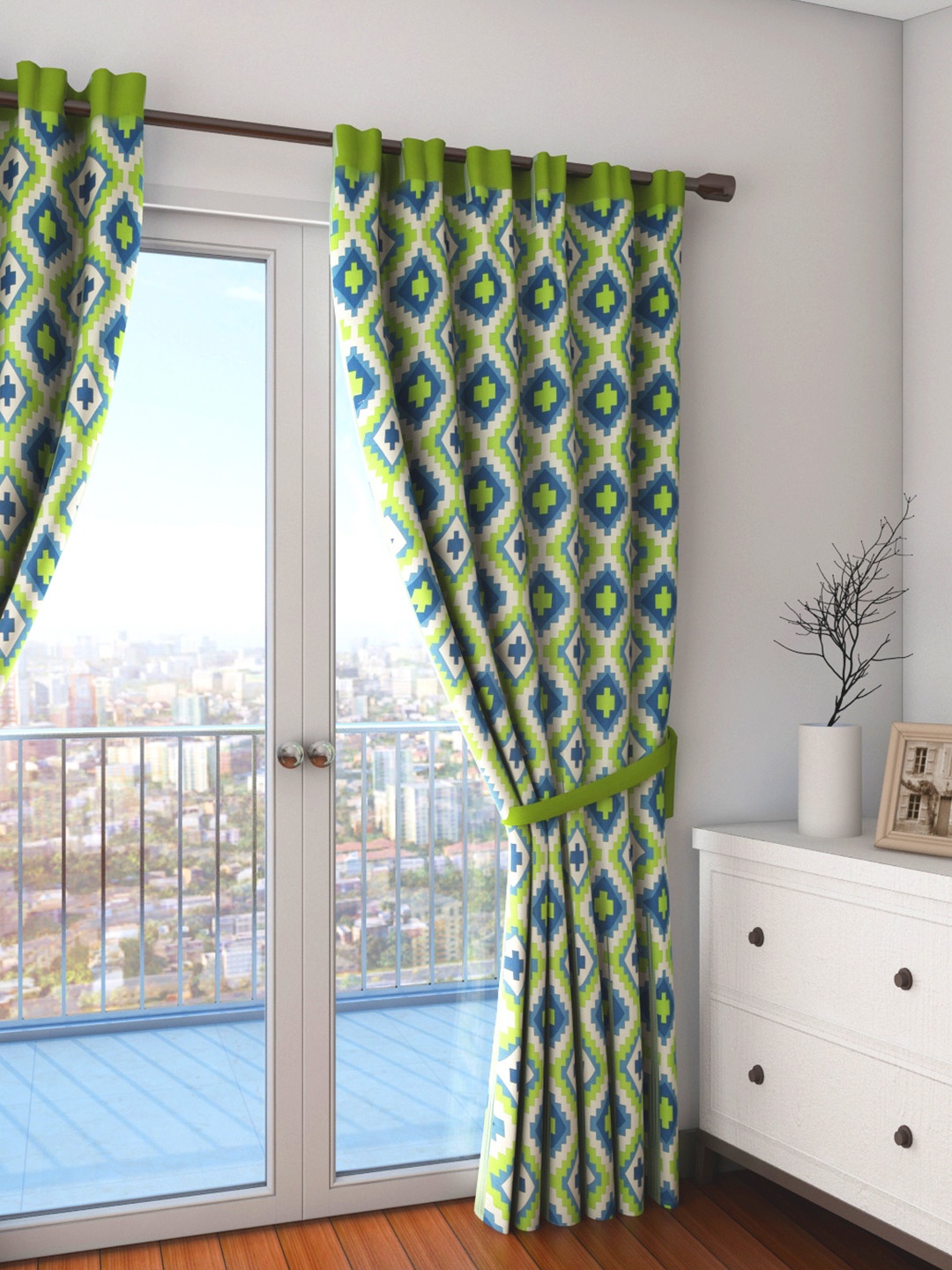 

SWAYAM Blue & Green Single Pixel Print Door Curtain