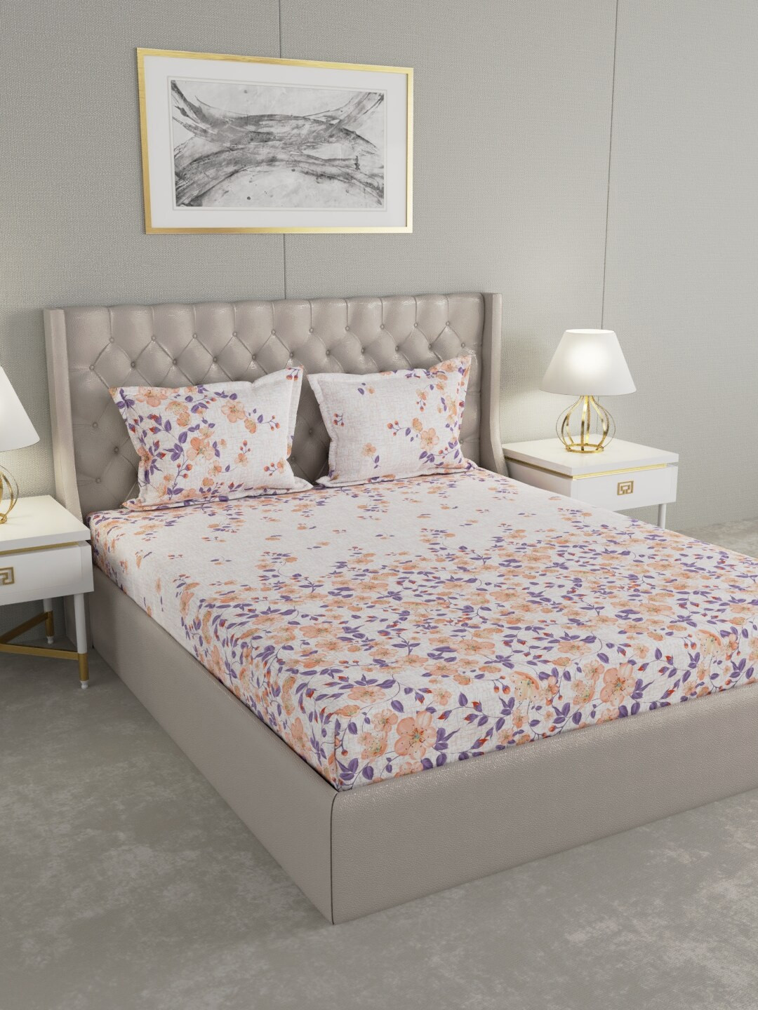 

Raymond Home Orange & Purple Floral 104 TC Double King Bedsheet With 2 Pillow Covers, White