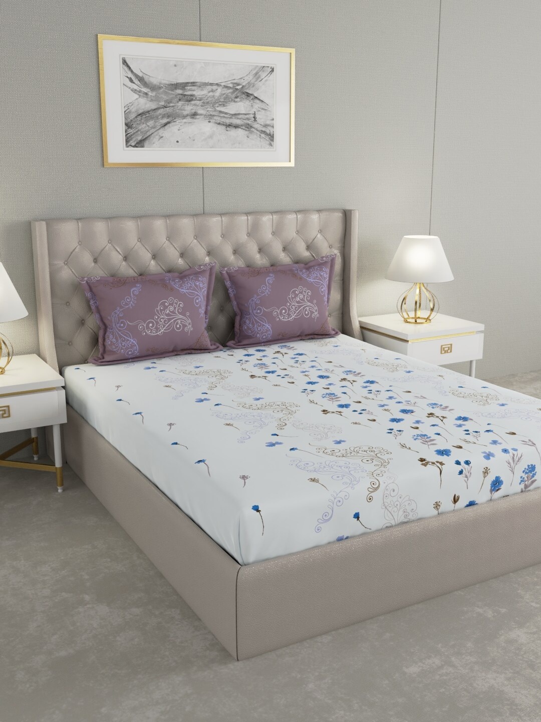 

Raymond Home White & Blue Floral Print 144 TC Double King Bedsheet With 2 Pillow Covers