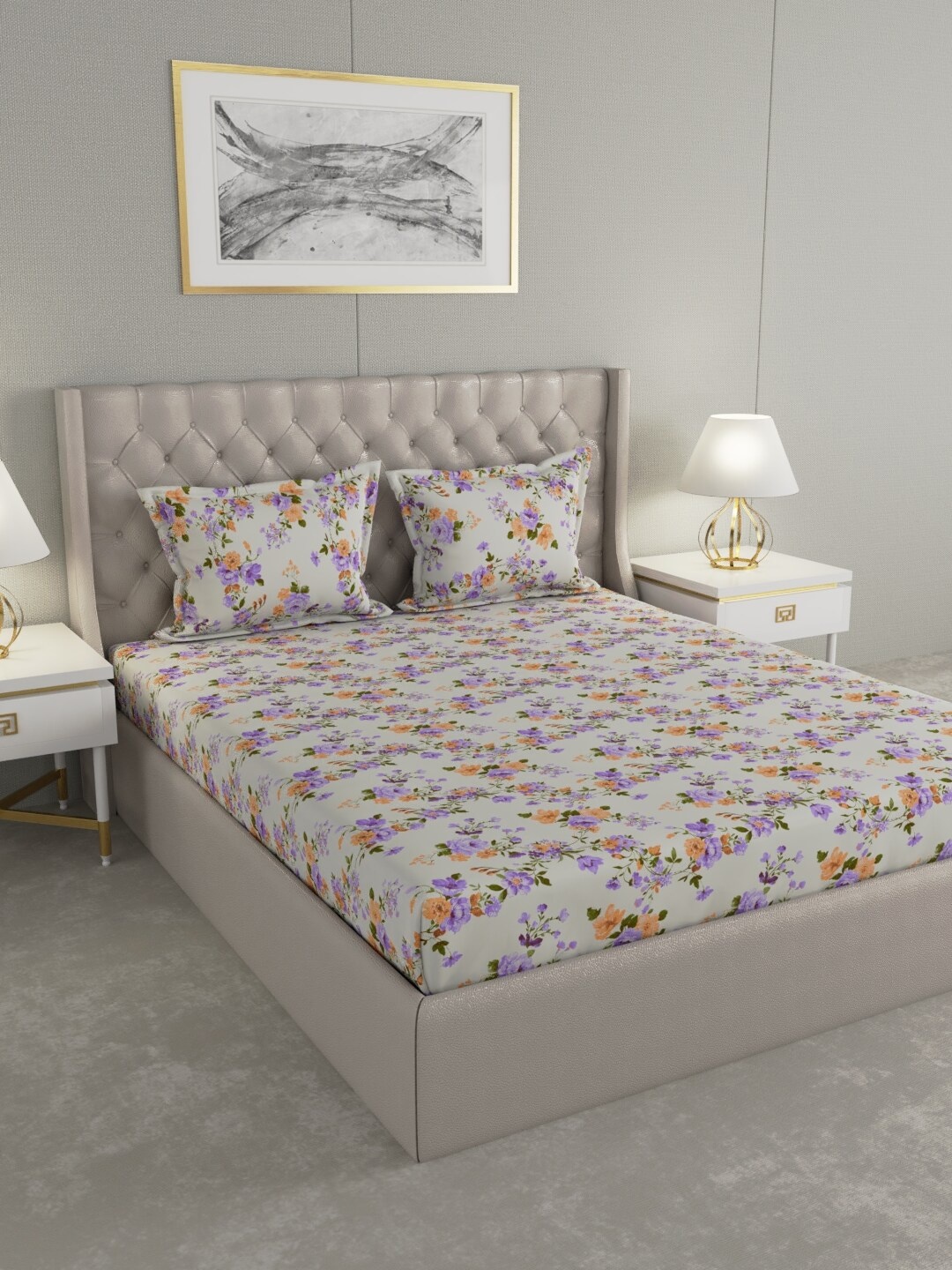 

Raymond Home Grey Floral Printed 104 TC King Bedsheet With 2 Pillow Covers