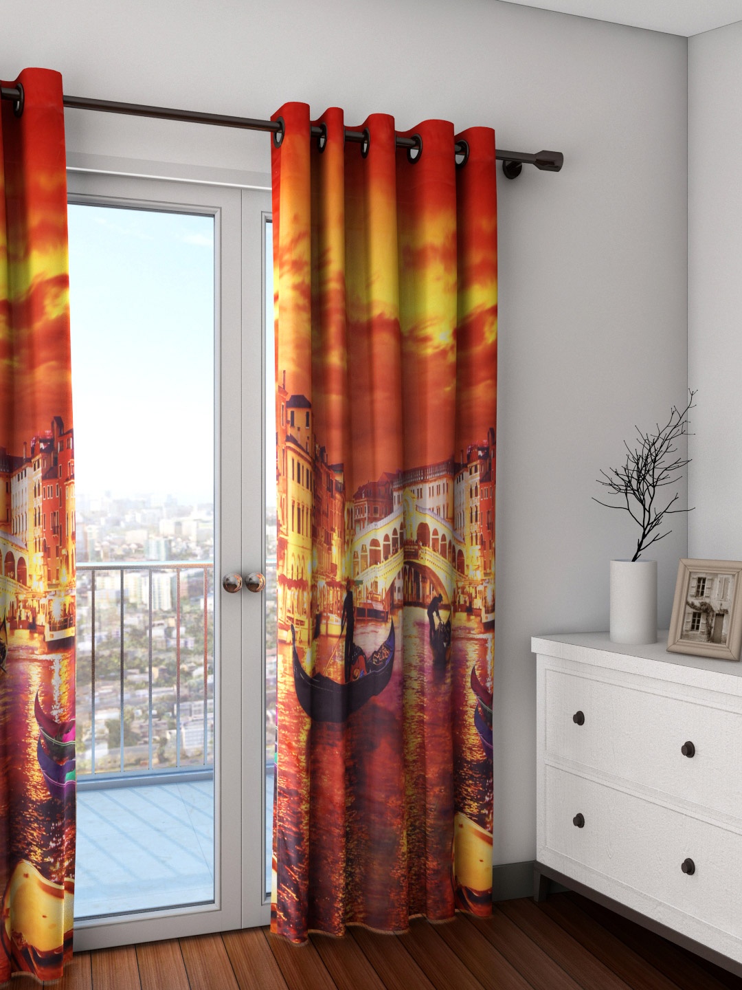 

SWAYAM Orange & Black Single Digital Print Blackout Door Curtain