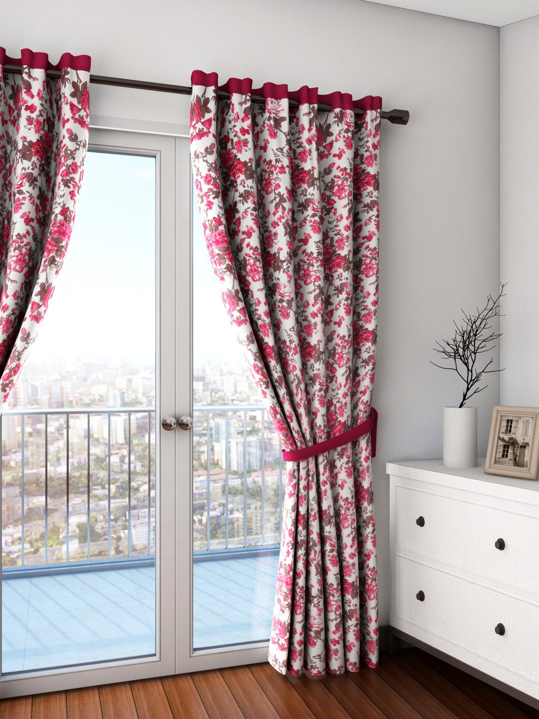 

SWAYAM Off-White & Coral Pink Single Floral Print Door Curtain