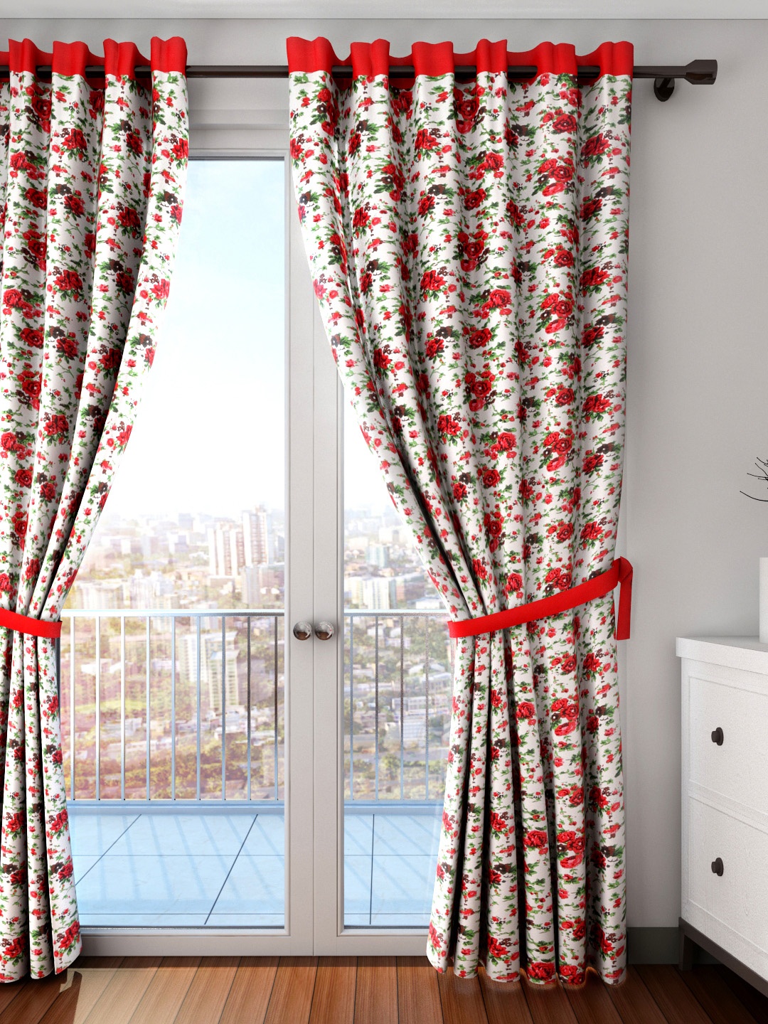 

Swayam White & Red Single Floral Print Long Door Curtain