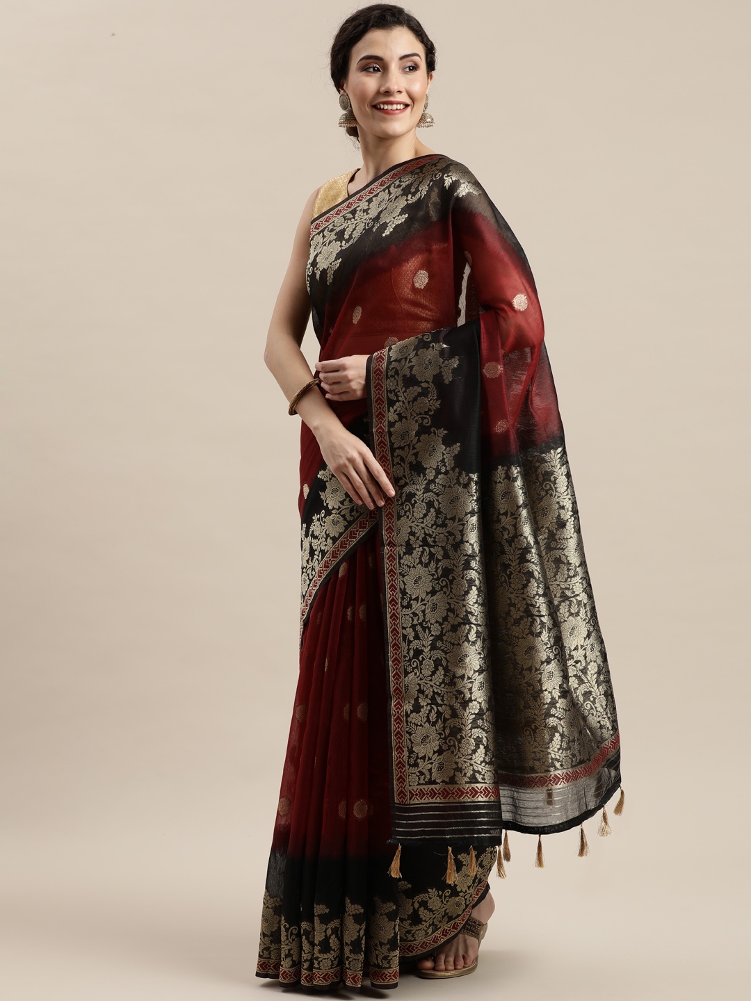 

Pisara Maroon & Black Silk Cotton Woven Design Banarasi Saree