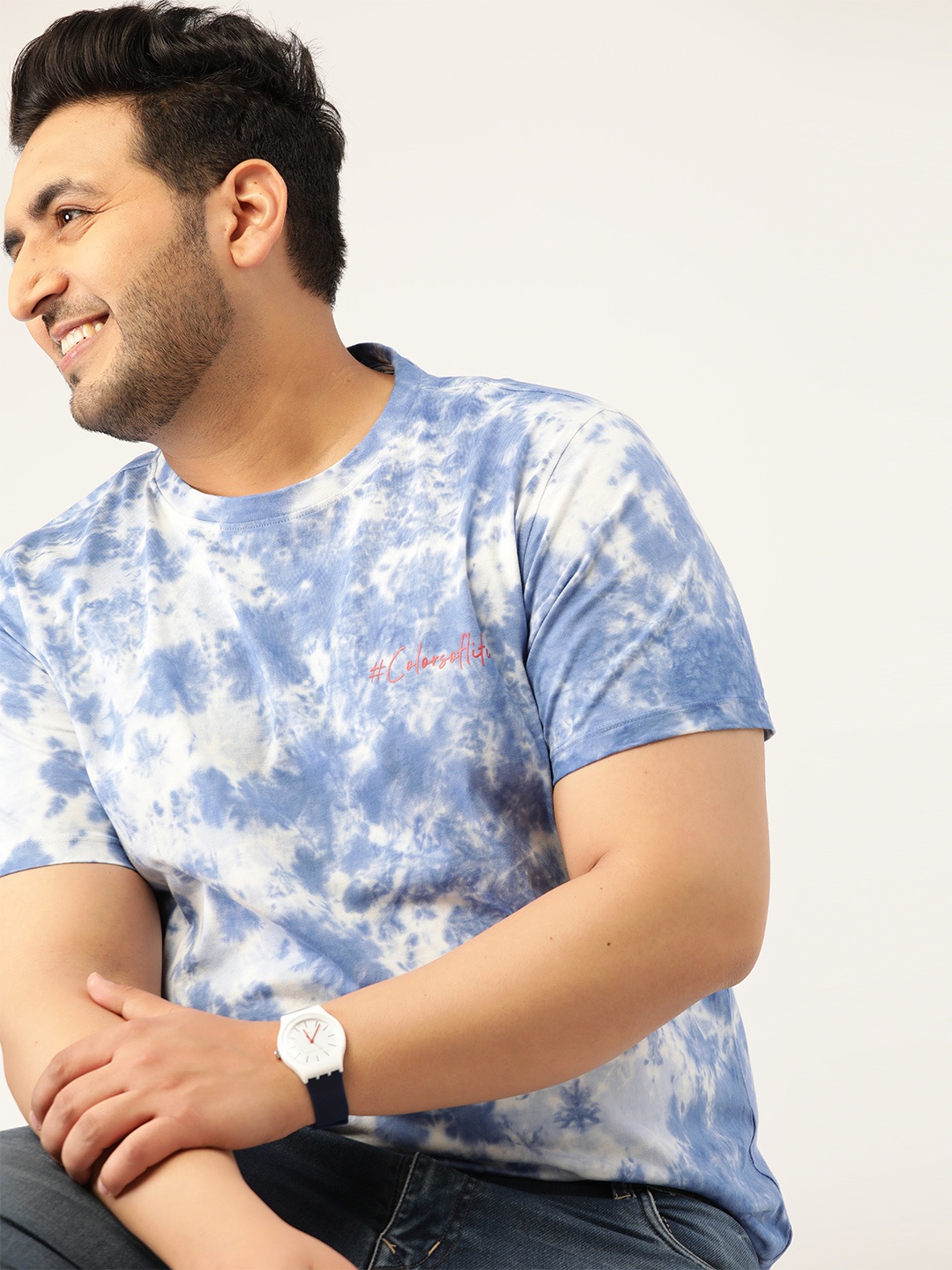 

Sztori Men Plus Size Blue White Tie Dye Printed Pure Cotton T-shirt