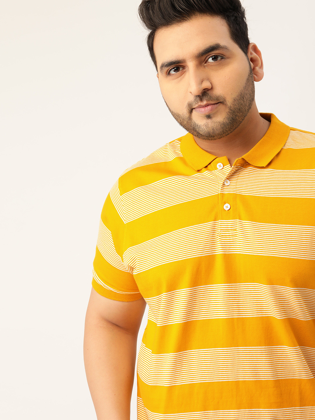

Sztori Men Plus Size Mustard Yellow & White Yarn Dyed Striped Cotton Polo Collar T-shirt