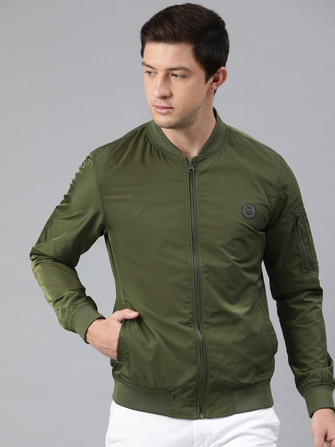 

U.S. Polo Assn. Men Olive Green Solid Bomber Jacket