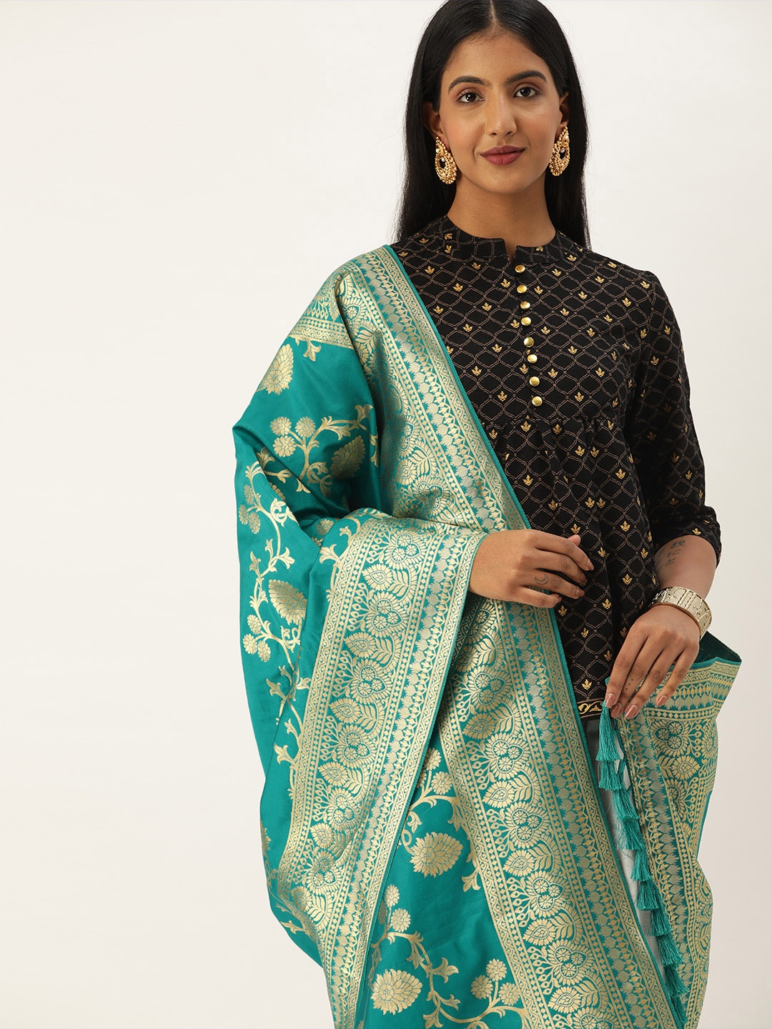 

VASTRANAND Teal Green & Gold-Coloured Woven Design Dupatta