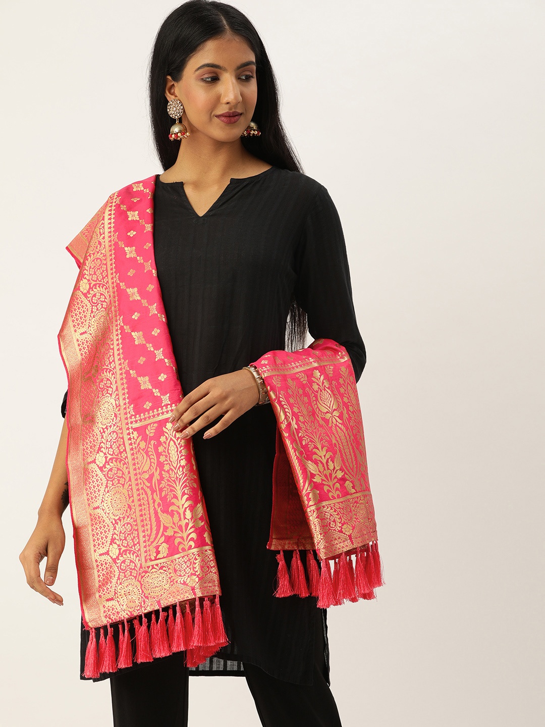 

VASTRANAND Pink & Gold-Toned Woven Design Dupatta
